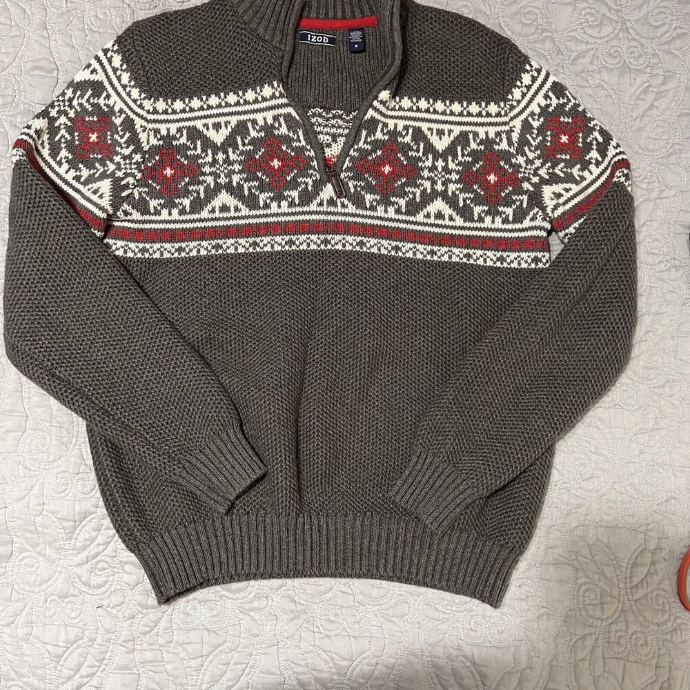 Izod Pullover Sweater Men's M Gray Fair Isle 1/4 Zip Mock Neck Y2K Warm Ski